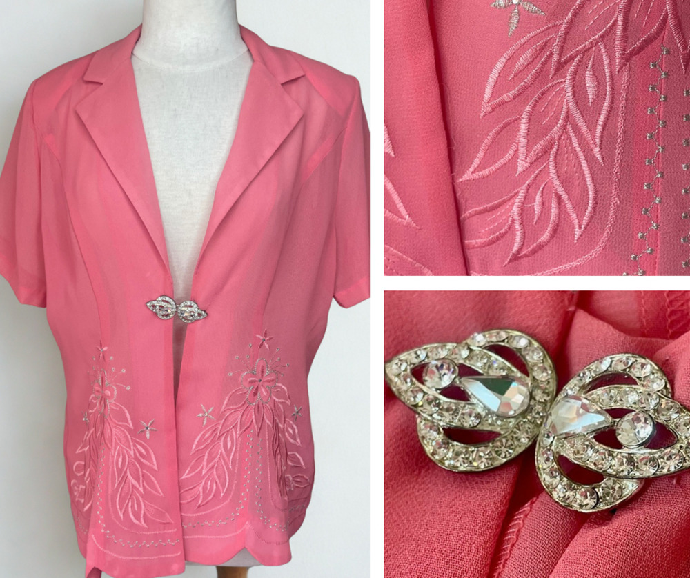 Clara Pink Floral Embroidered Jacket Top Rhinestone Clasp Sheer Open Front L